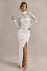 White High-Neck Split Maxi Dress With Lace Sleeves